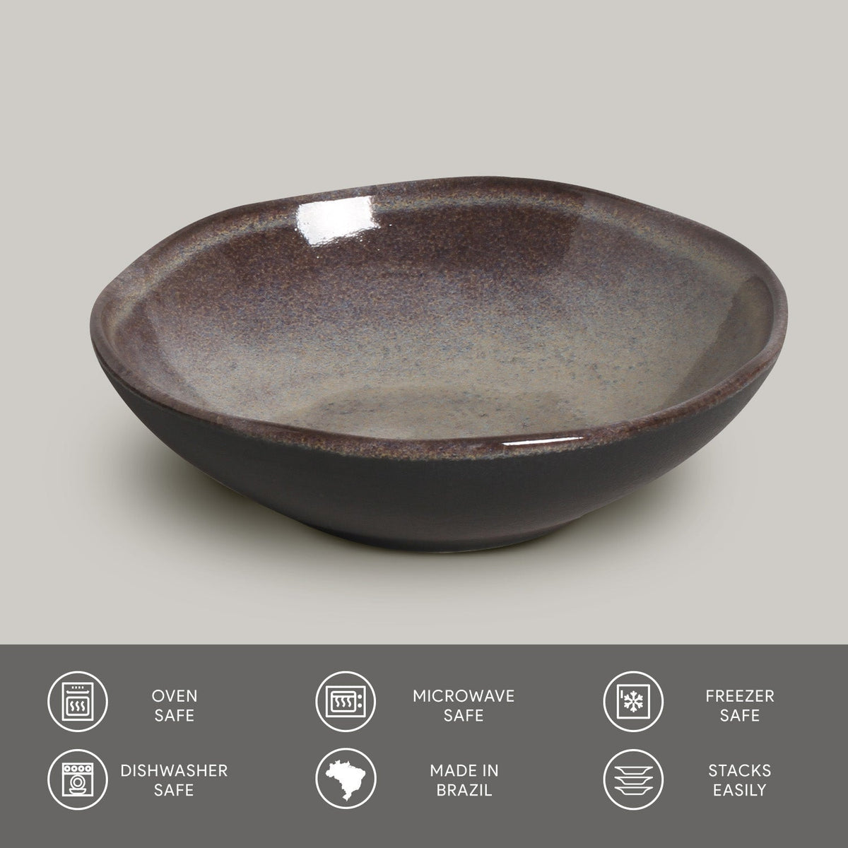 Ceramic bowl on a light gray background with safety and feature icons at the bottom.