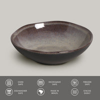 Ceramic bowl on a light gray background with safety and feature icons at the bottom.