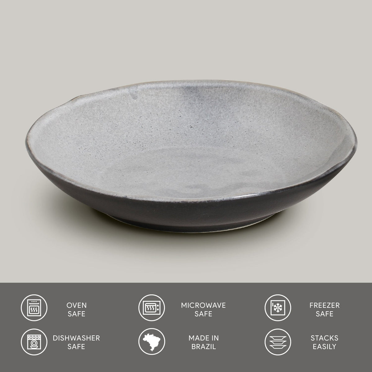 Gray ceramic pasta plate on a light gray background with safety and feature icons at the bottom.