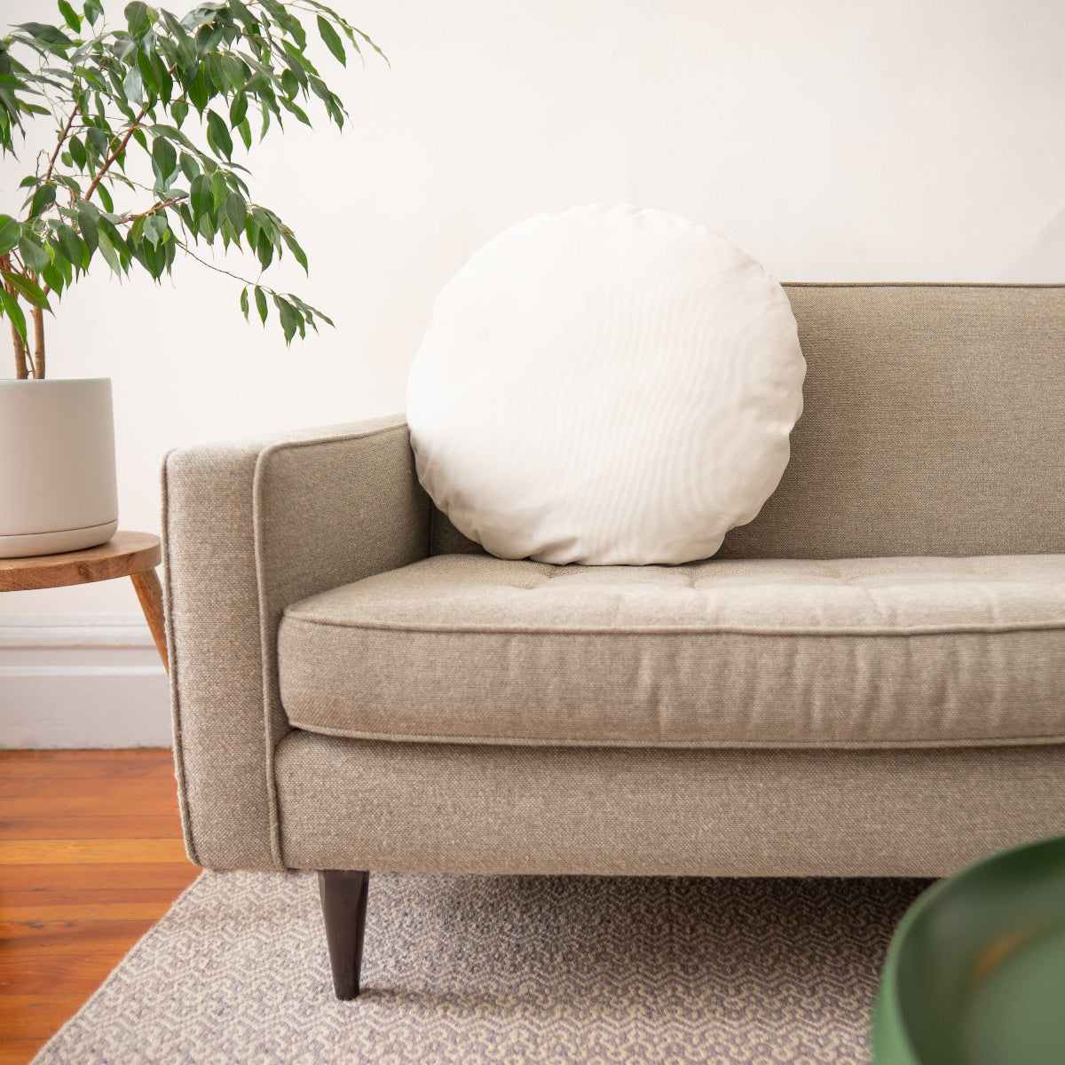 Beige sofa with a white pillow in a room with a plant and wooden floor.
