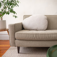 Beige sofa with a fluffy white pillow in a room with a plant and wooden floor.