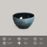 Blue ceramic bowl on a gray background with safety and feature icons at the bottom.
