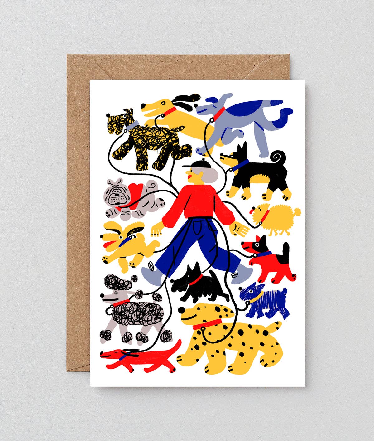 Greeting card with colorful illustrations of a person and various dogs on a white background.