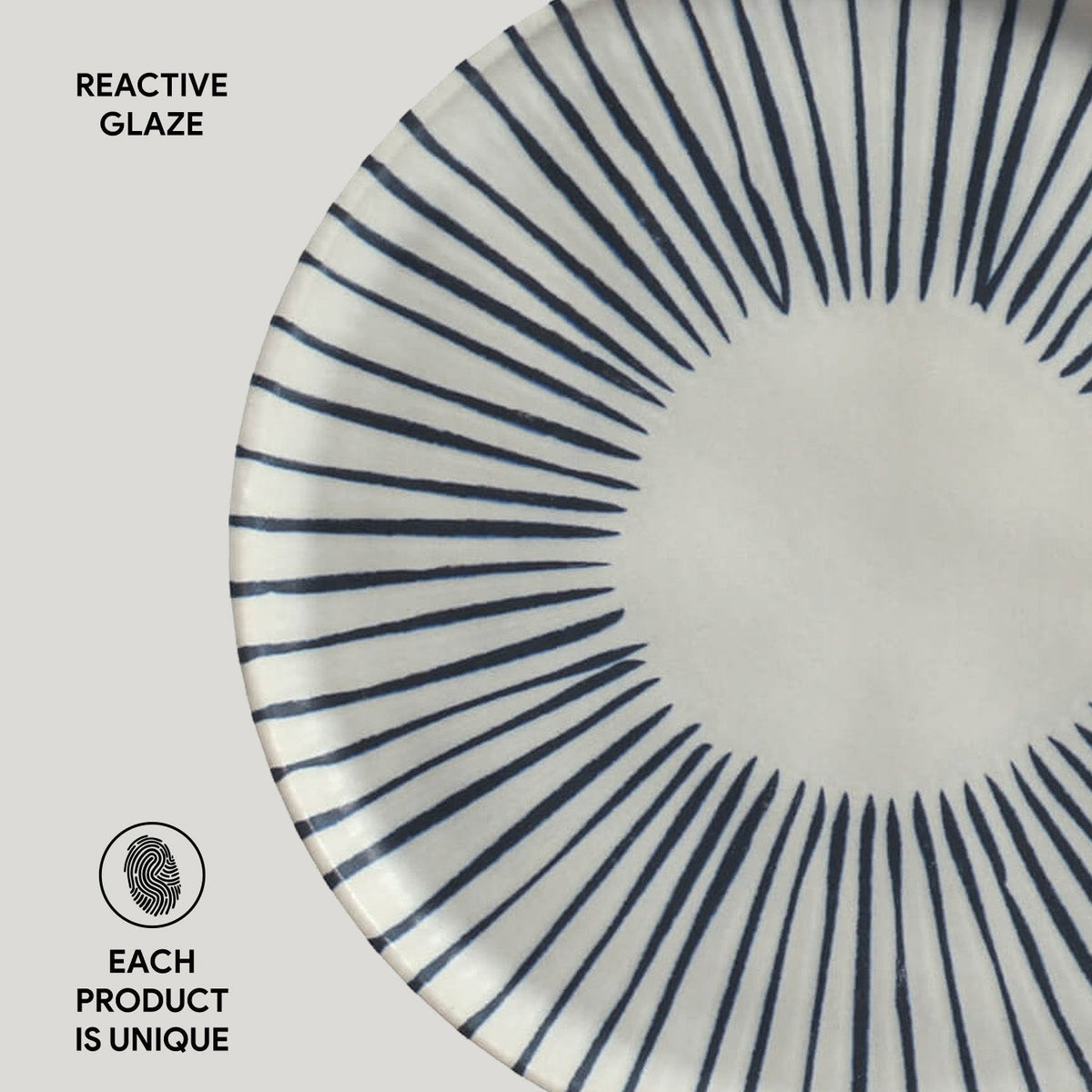 Ceramic plate with blue radial pattern on a gray background, labeled 'Reactive Glaze'.