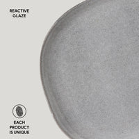 Gray ceramic plate with 'Reactive Glaze' text and 'Each Product is Unique' label on a light gray background