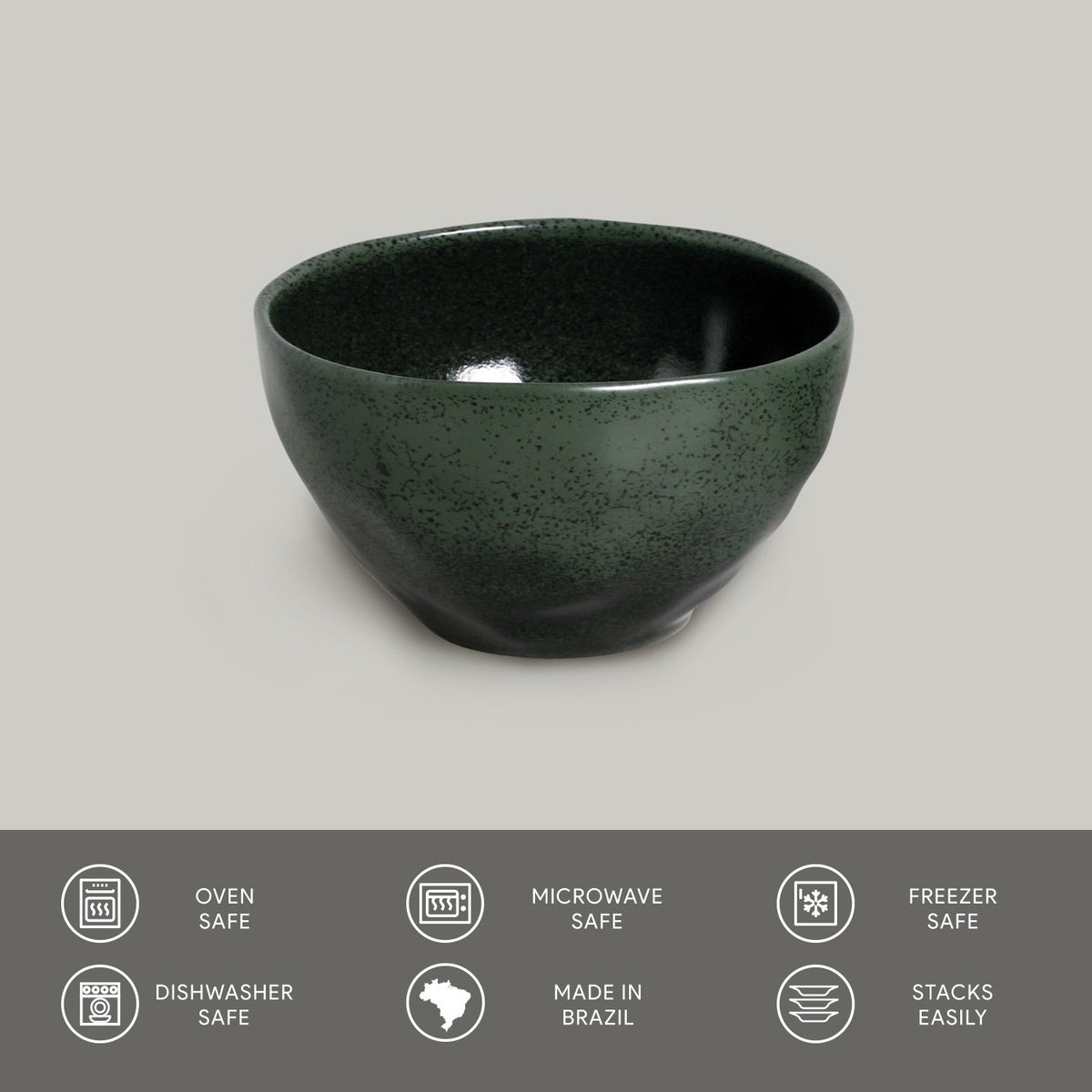Green ceramic bowl on a gray background with safety and feature icons at the bottom.