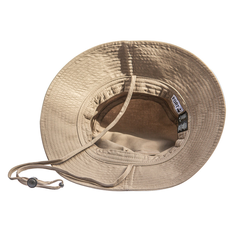 Beige bucket hat with a strap on a white background