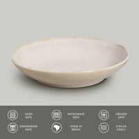 Beige ceramic bowl on a gray background with safety and feature icons at the bottom.