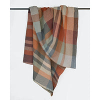 Plaid blanket with autumn colors draped over a rod on a white background