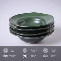 Stack of green ceramic bowls on a light gray background with safety and feature icons at the bottom.