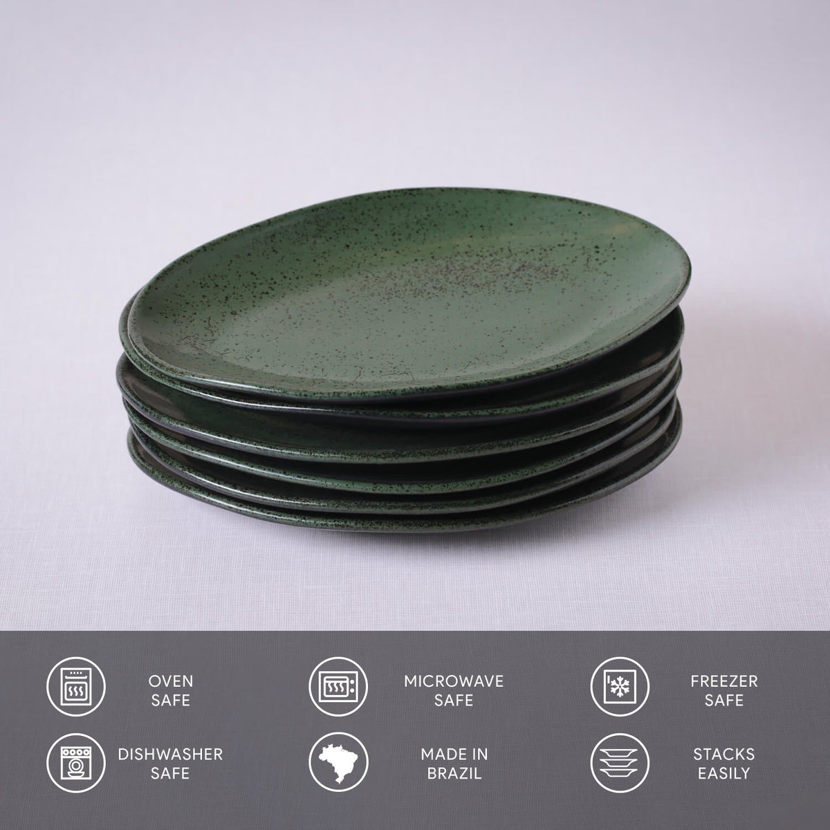 Stack of green ceramic plates on a white background with safety and feature icons at the bottom.