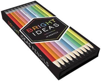 Box of colorful graphite pencils with 'Bright Ideas' branding on a white background