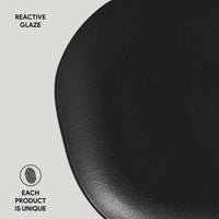 Black ceramic plate with 'Reactive Glaze' text and 'Each Product is Unique' label on a light gray background