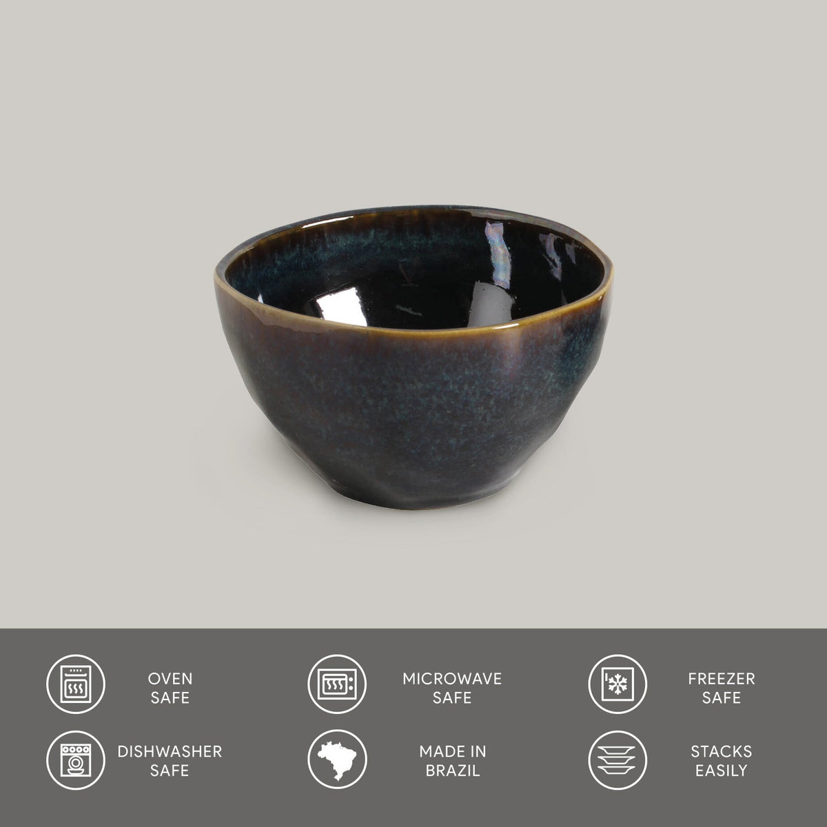 Dark blue ceramic bowl on a gray background with safety and feature icons at the bottom.