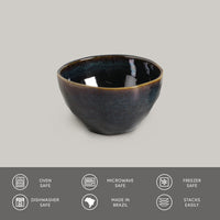 Dark blue ceramic bowl on a gray background with safety and feature icons at the bottom.