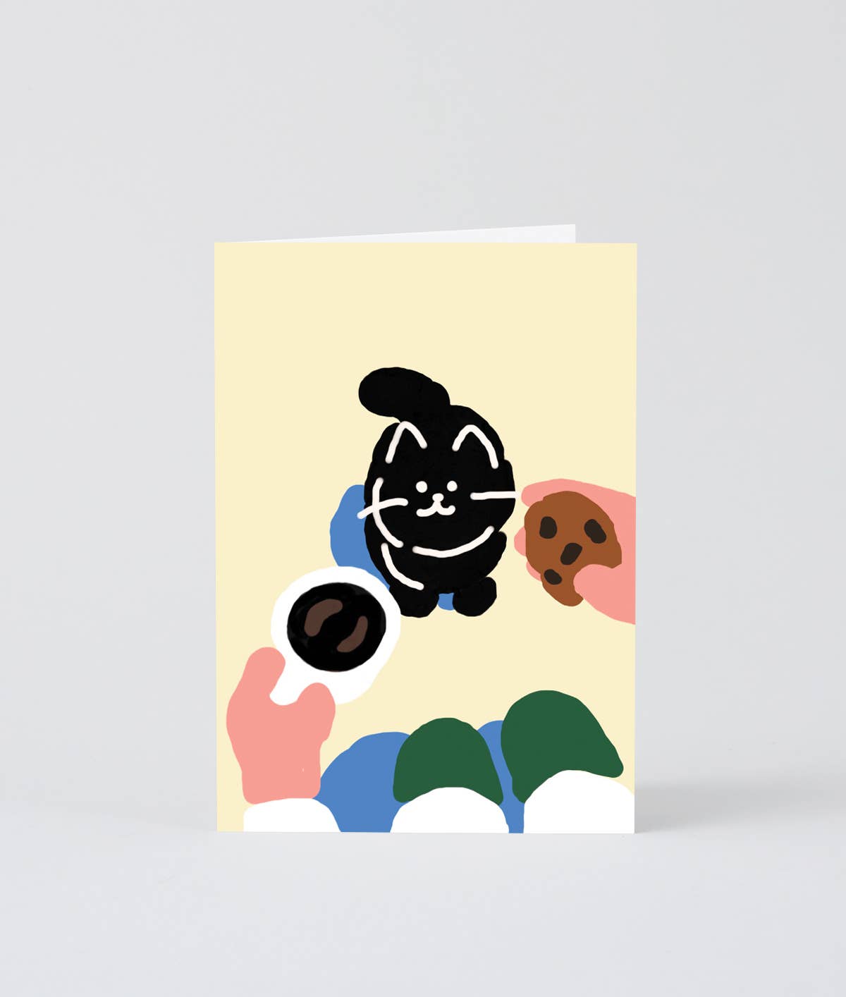Greeting card with a black cat illustration on a yellow background