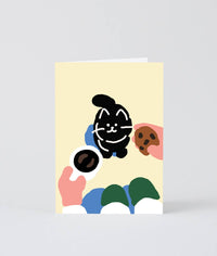 Greeting card with a black cat illustration on a yellow background