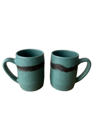 Two speckled teal mugs with black stripe on a white background