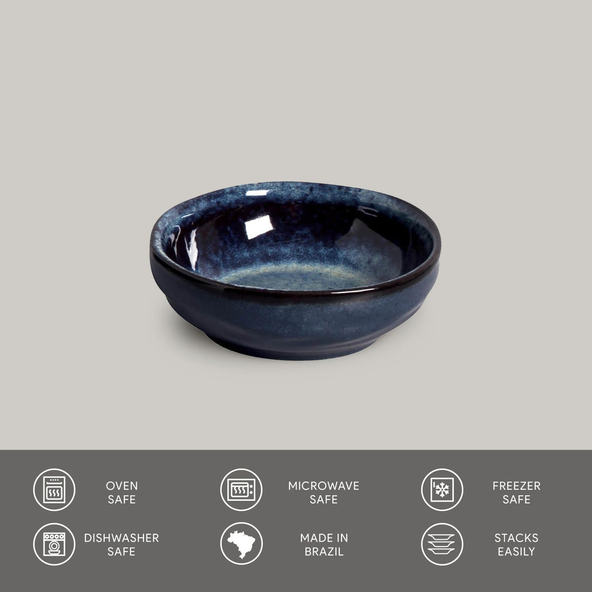 Blue ceramic bowl on a gray background with safety and feature icons at the bottom.
