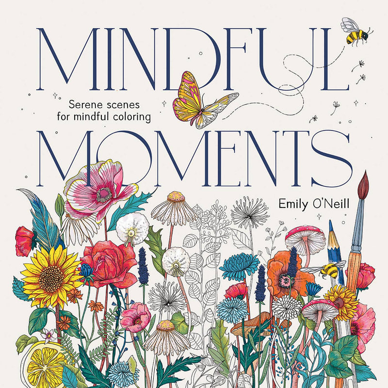 Coloring book cover titled 'Mindful Moments' with flowers and a butterfly on a white background.