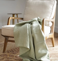 Green patterned blanket draped over a beige armchair in a room with a wooden table.