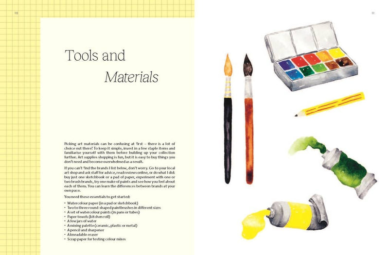 Painted art supplies including paintbrushes, watercolor paints, and a pencil with text.