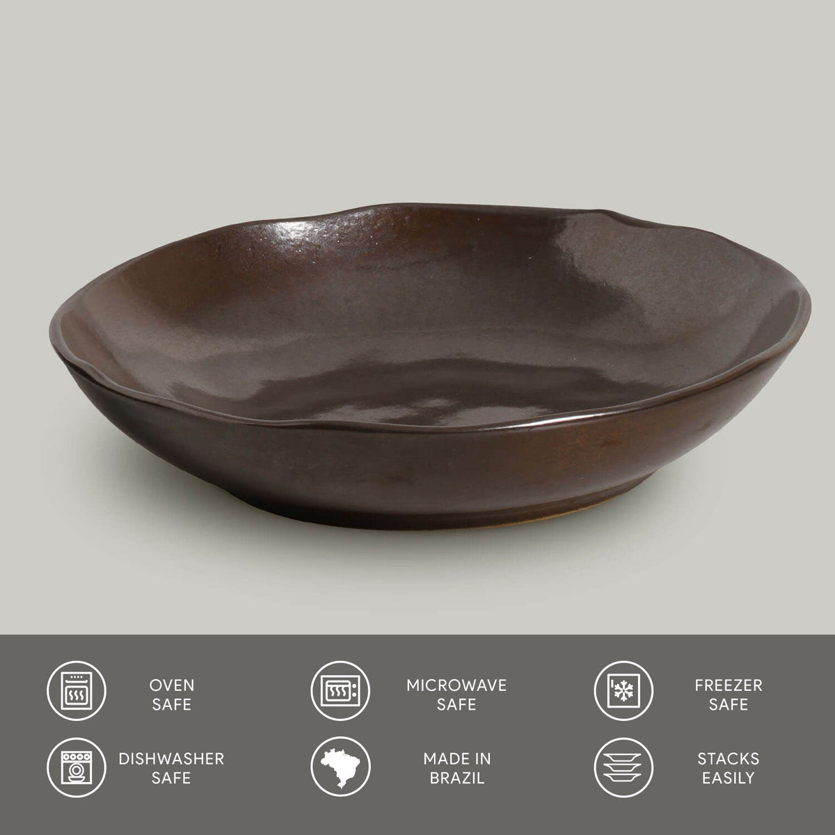 Black ceramic pasta plate on a light gray background with safety and feature icons at the bottom.