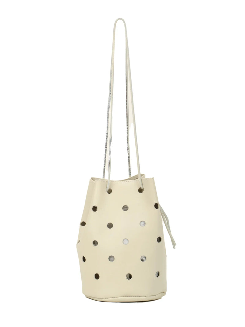 Off-white perferoated leather bucket bag on a white background