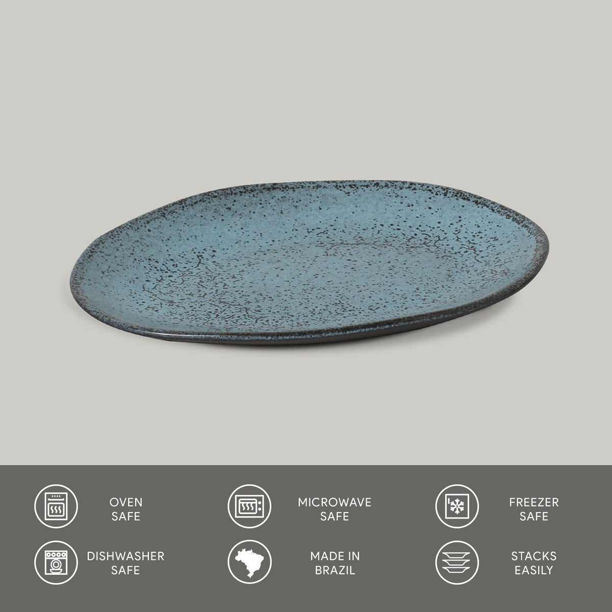 Blue ceramic plate on a gray background with safety and feature icons below.