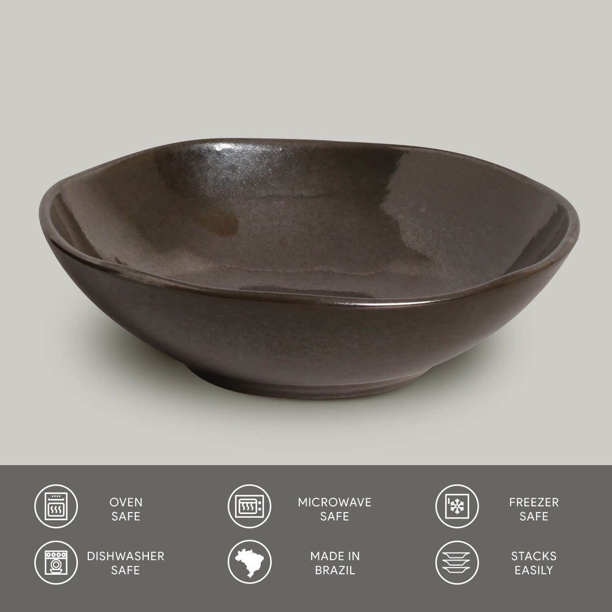 Dark ceramic bowl on a light gray background with safety and feature icons at the bottom.