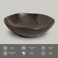 Dark ceramic bowl on a light gray background with safety and feature icons at the bottom.