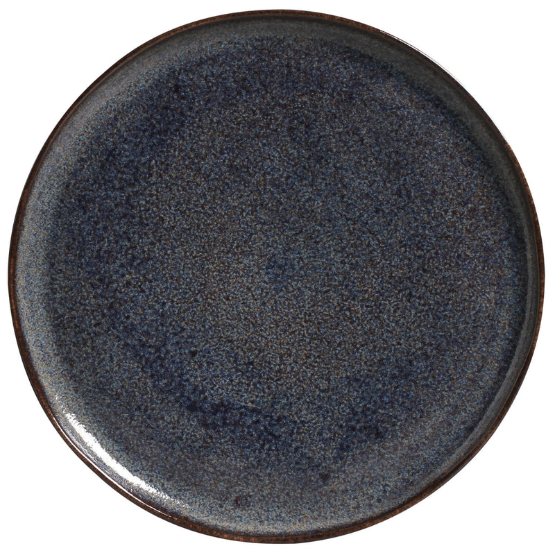 Round ceramic plate with a textured blue-gray surface on a white background