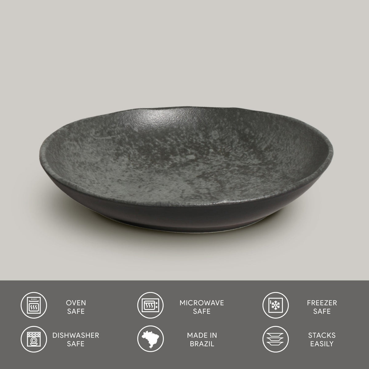 Black ceramic pasta plate on a light gray background with safety and feature icons at the bottom.