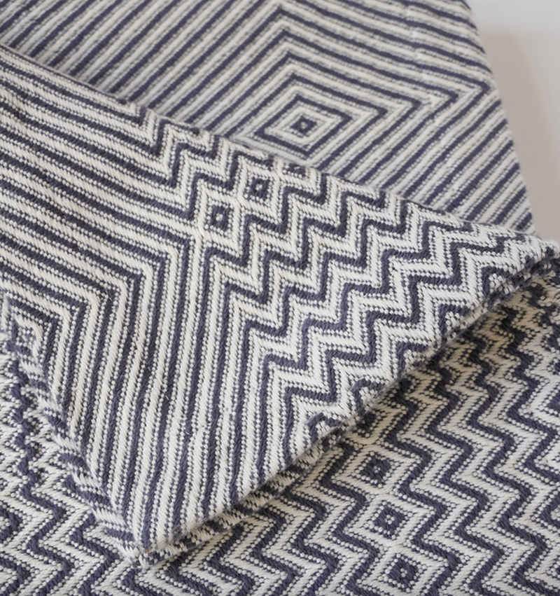 Close-up of blue and white patterned blanket with geometric design