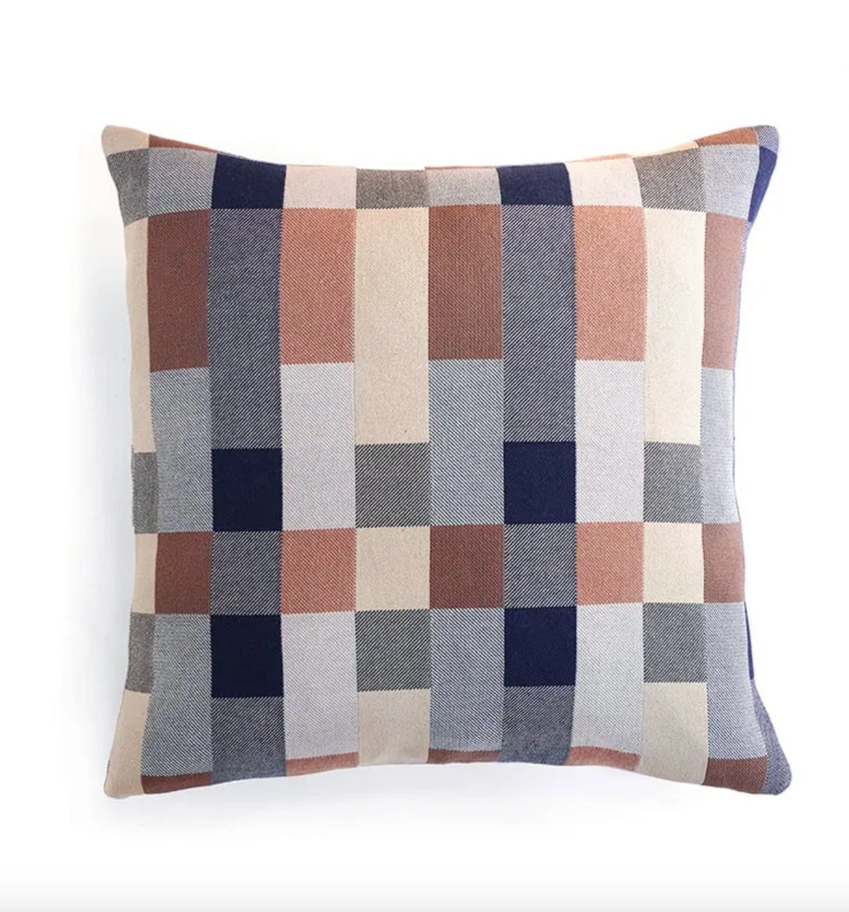 Checkered pillow with a pattern of brown, blue, and beige squares on a white background