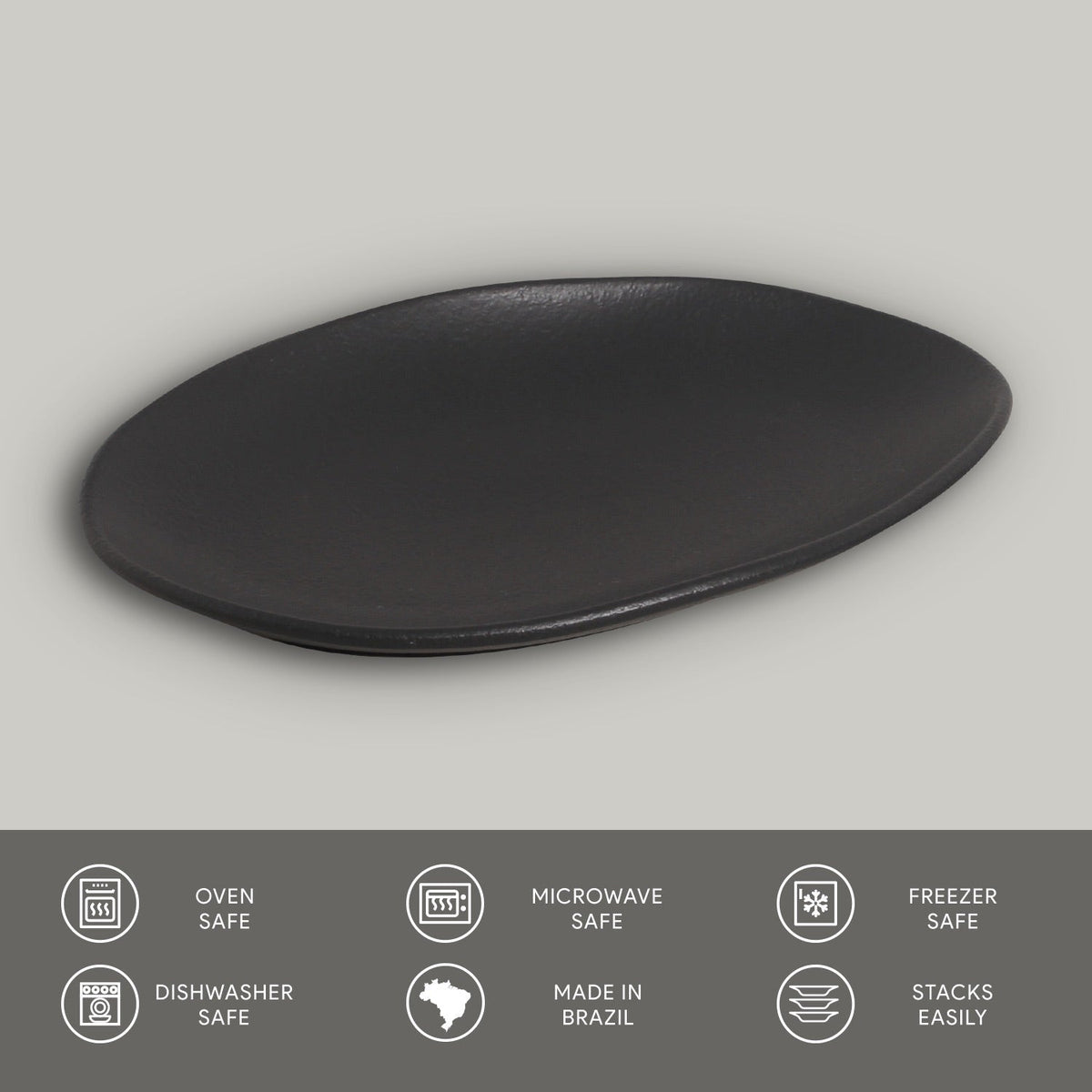 Black oval plate on a gray background with safety and feature icons at the bottom.