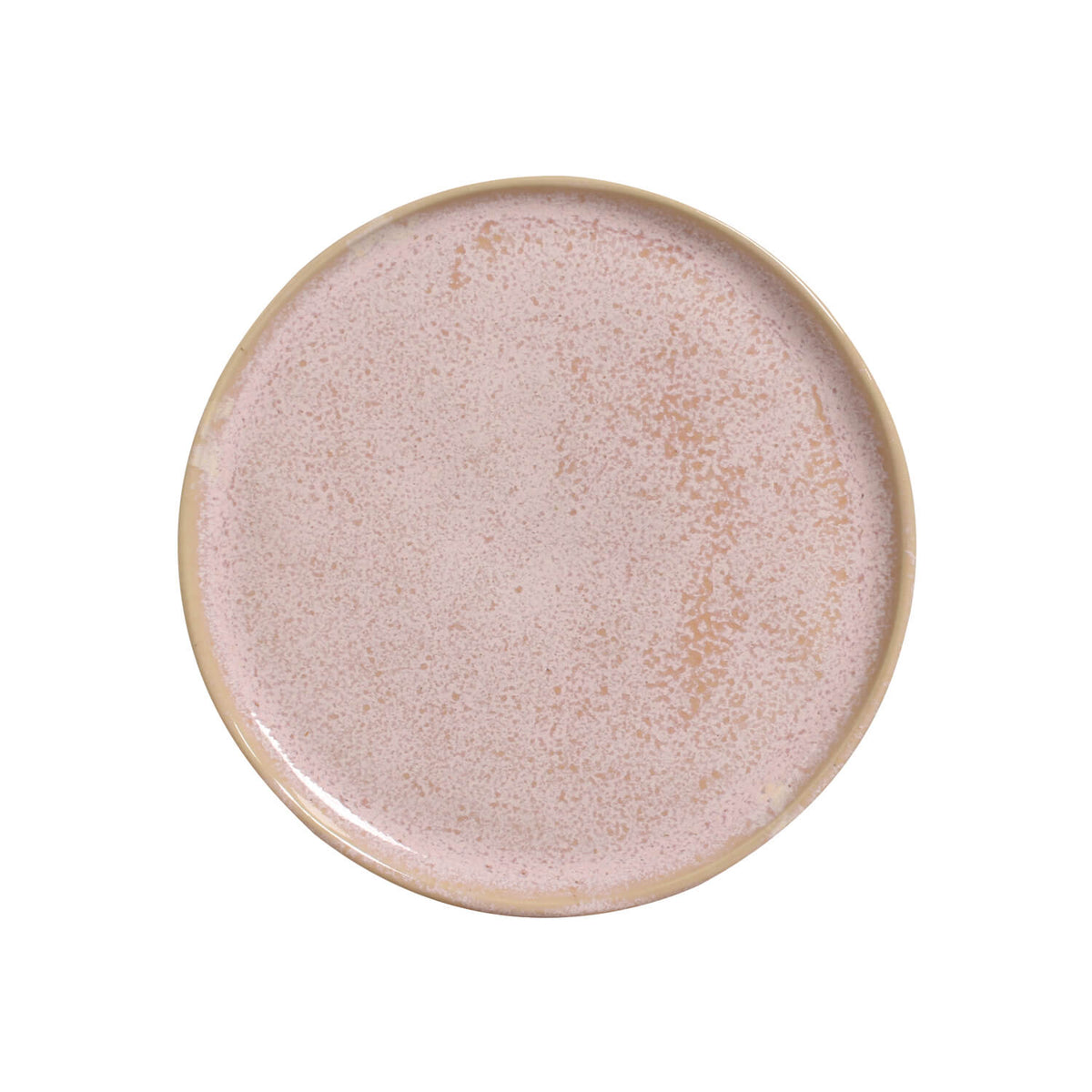 Round ceramic plate with a speckled pinkish-beige glaze on a white background