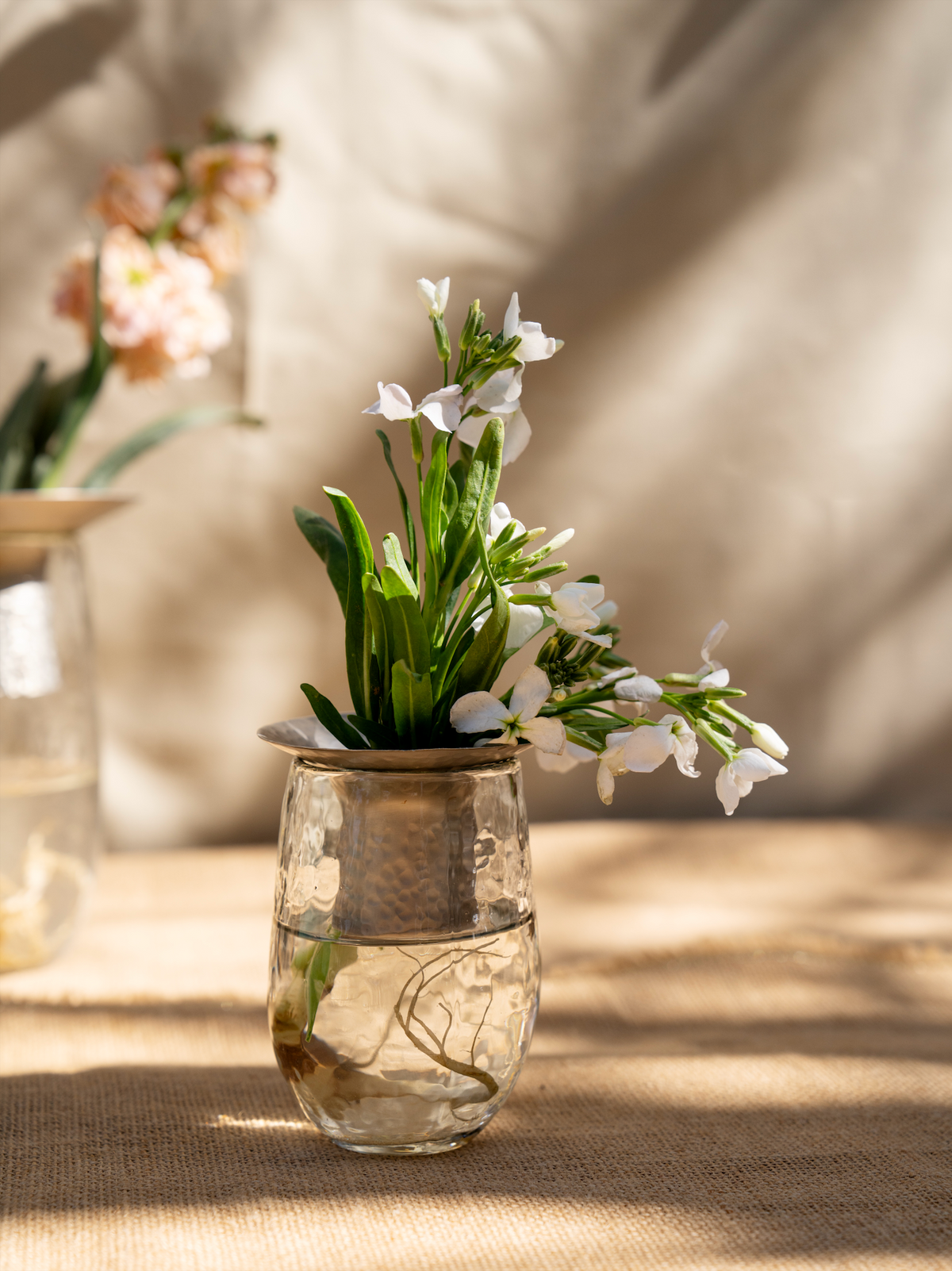 Clear glass vase with white flowers on a textured surface