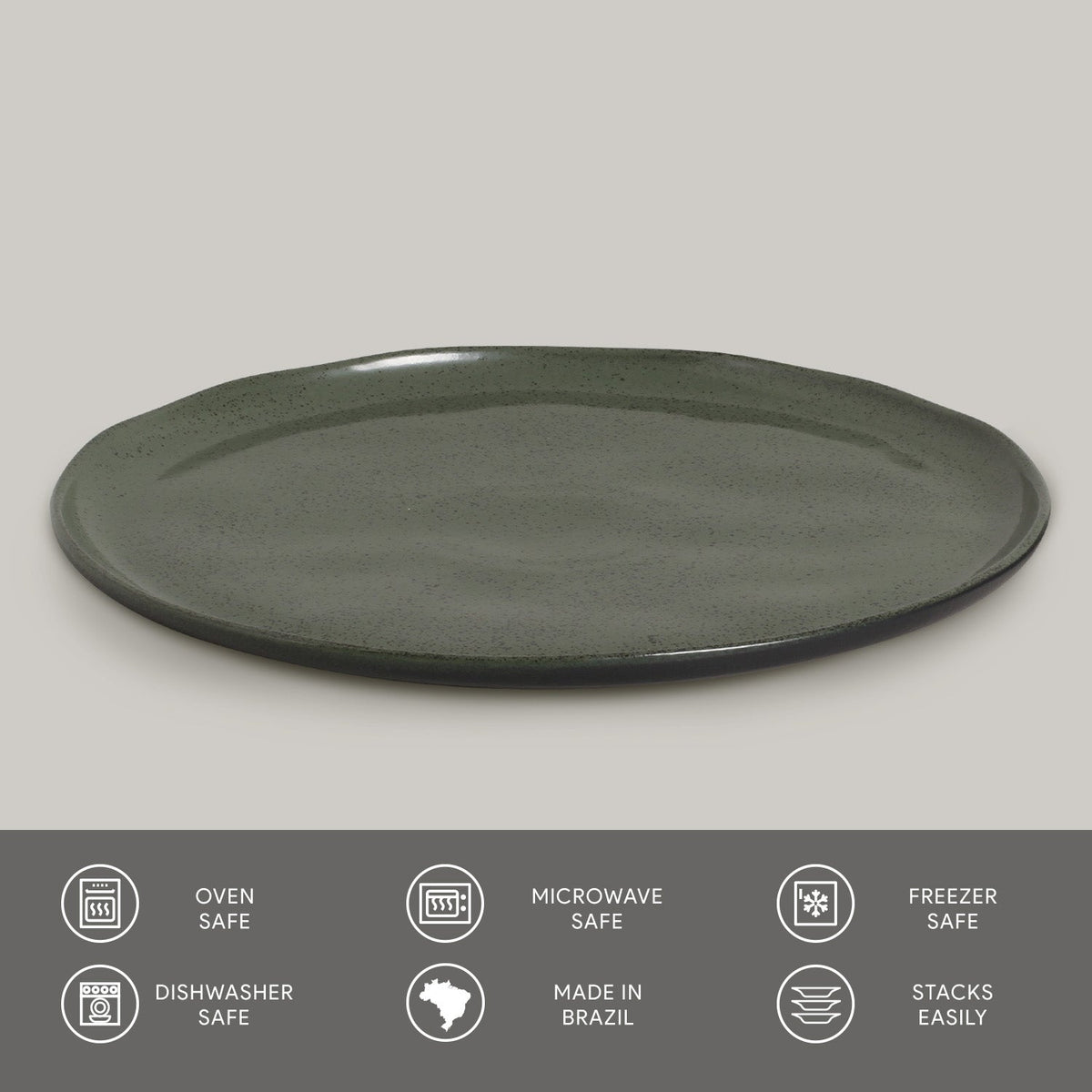 Green ceramic plate on a gray background with safety and feature icons at the bottom.