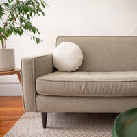 Beige sofa with a round white pillow in a room with a plant and wooden floor.
