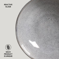 Gray ceramic bowl with reactive glaze texture on a light gray background
