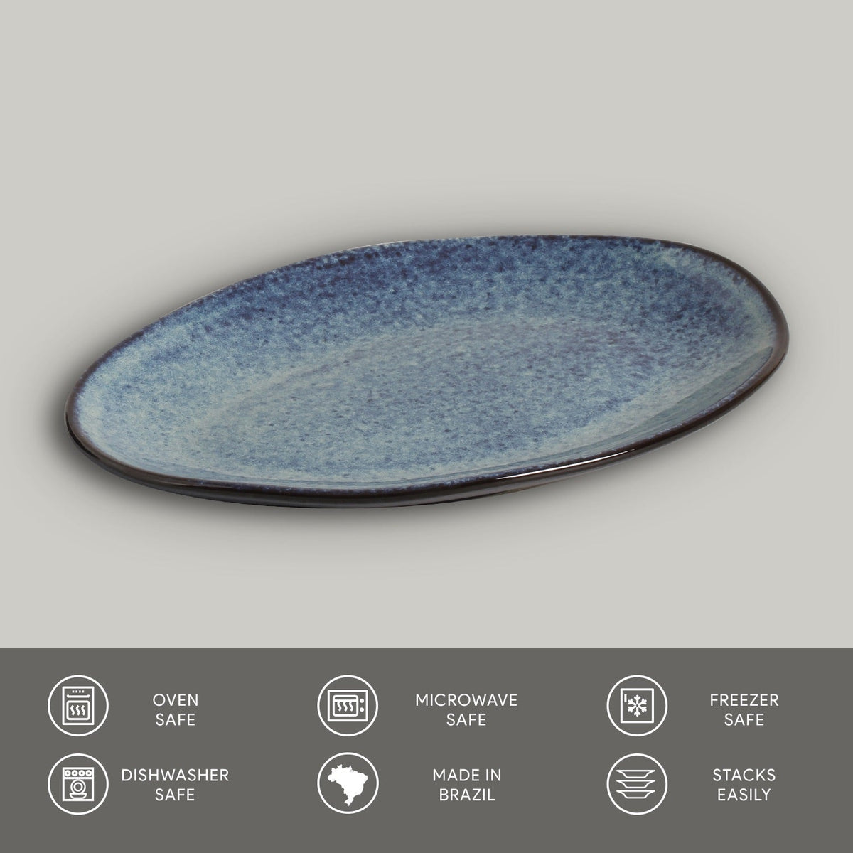 Blue ceramic plate on a gray background with safety and feature icons at the bottom.