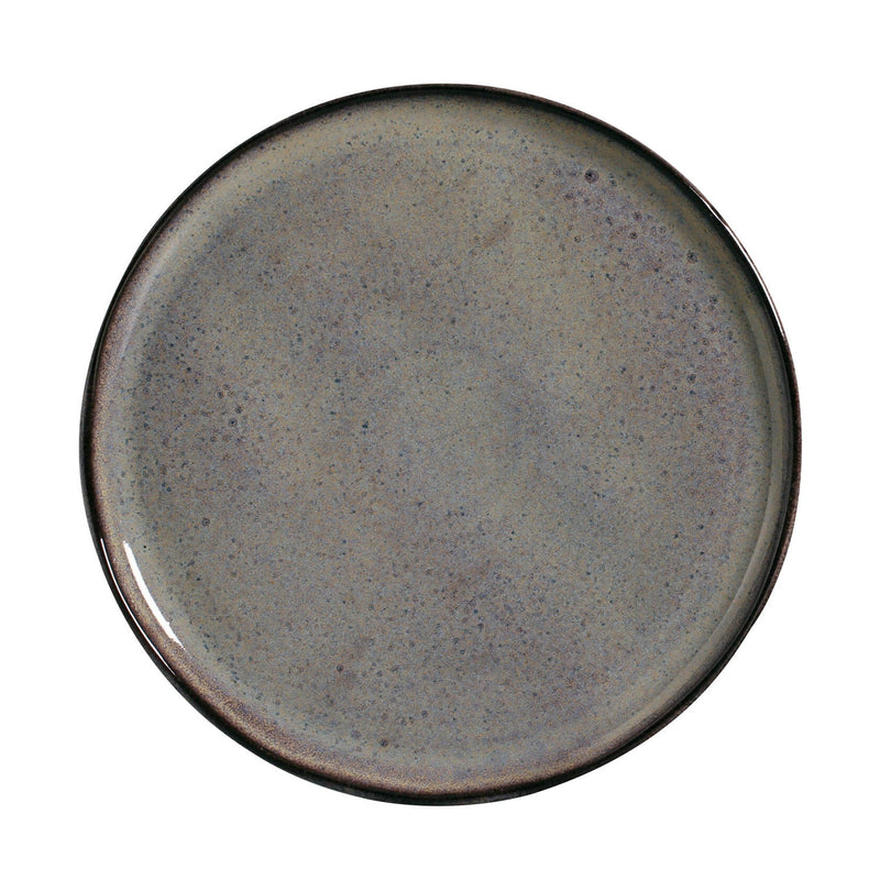 Round ceramic plate with a speckled grayish-brown design on a white background
