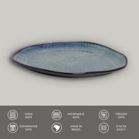 Blue ceramic plate on a gray background with safety and feature icons at the bottom.