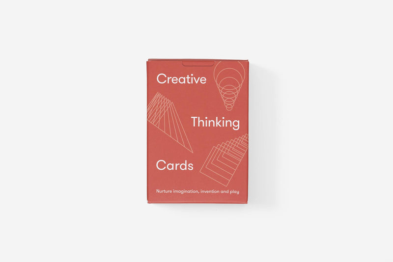 Red card deck packaging with 'Creative Thinking Cards' text on a white background