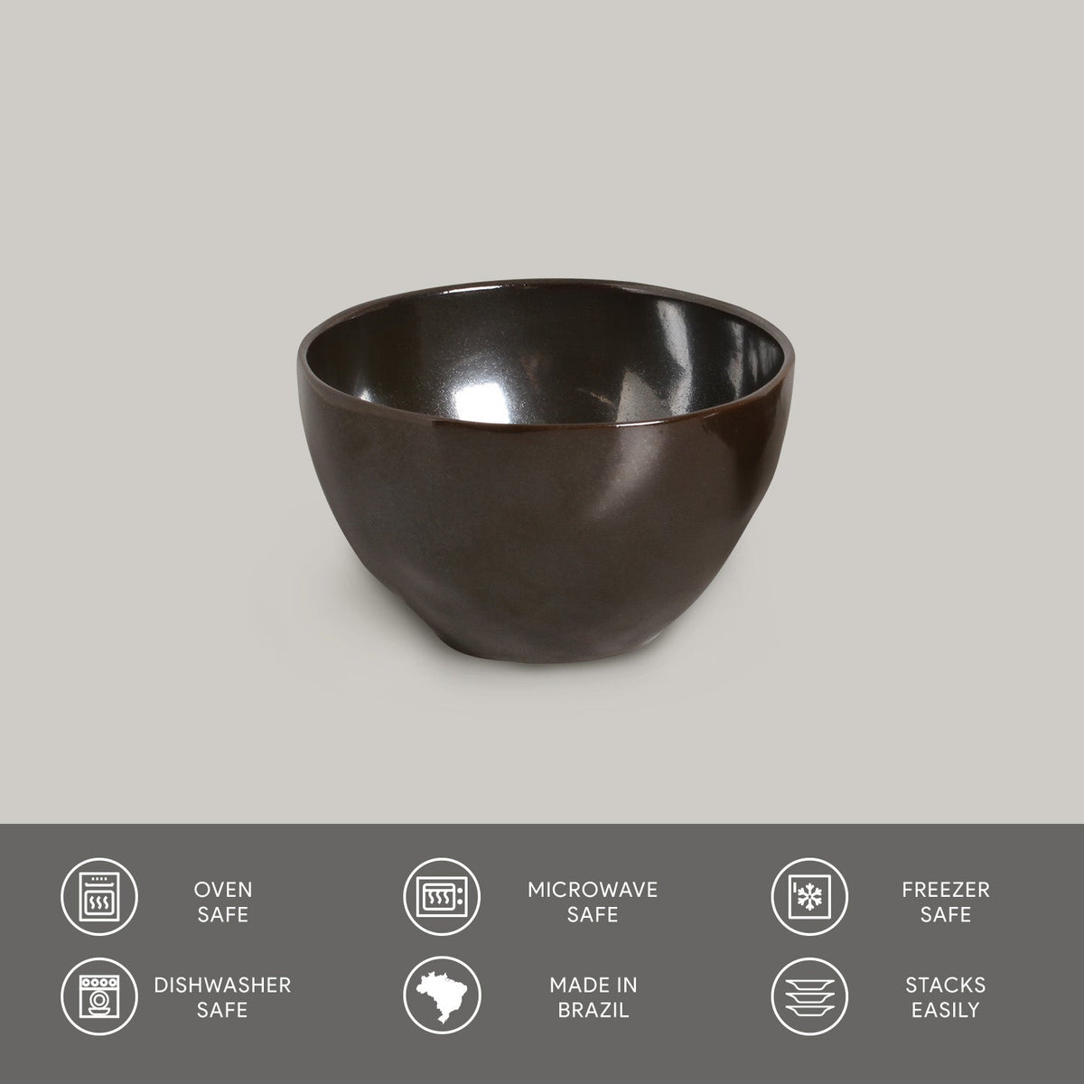 Black ceramic bowl on a gray background with safety and feature icons at the bottom.