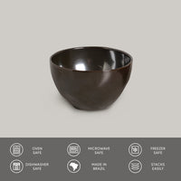 Black ceramic bowl on a gray background with safety and feature icons at the bottom.