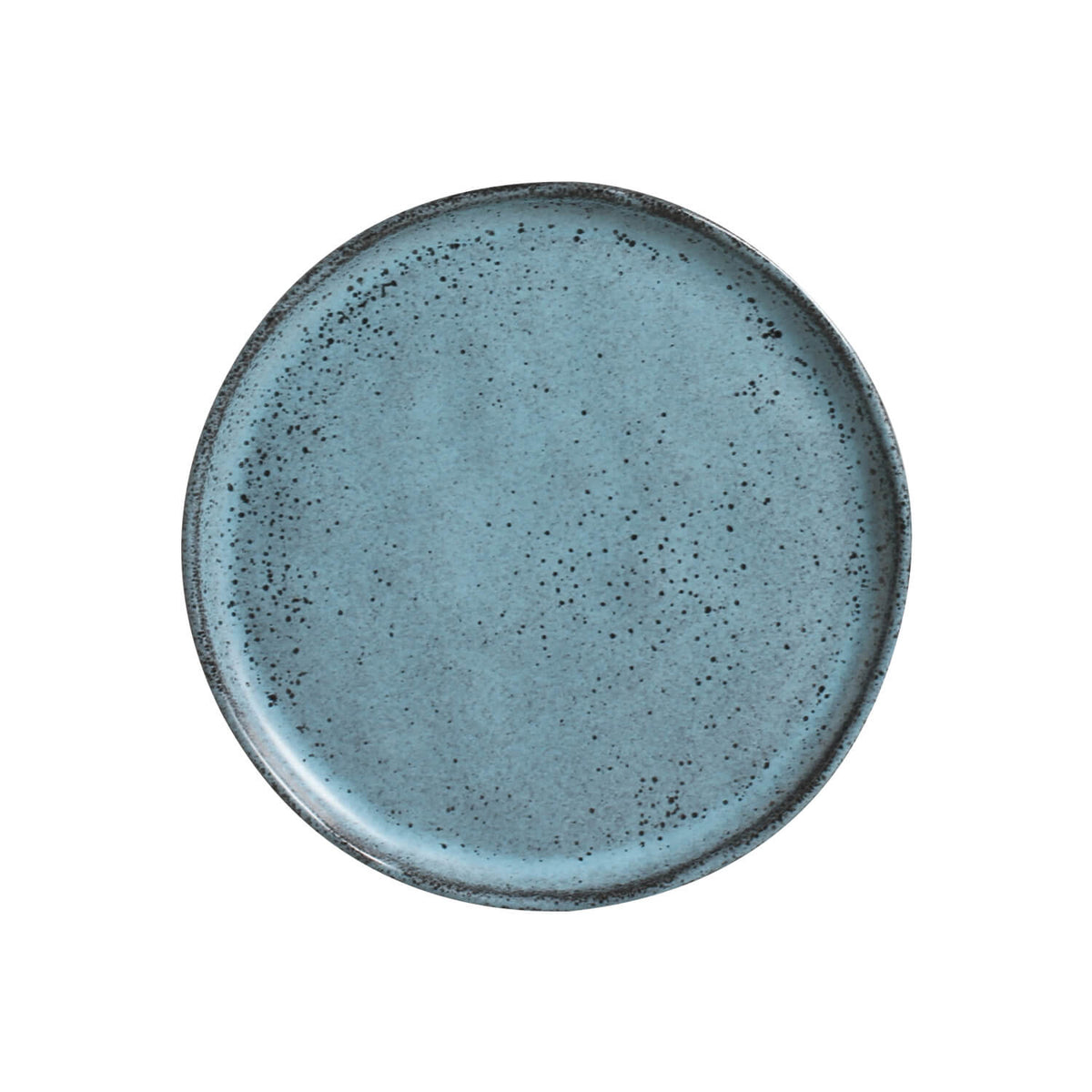 Blue ceramic plate with speckled texture on a white background