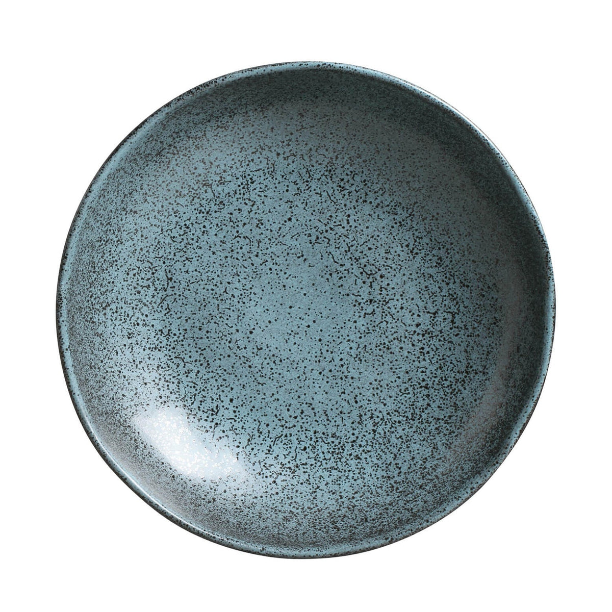 Speckled blue ceramic plate on a white background