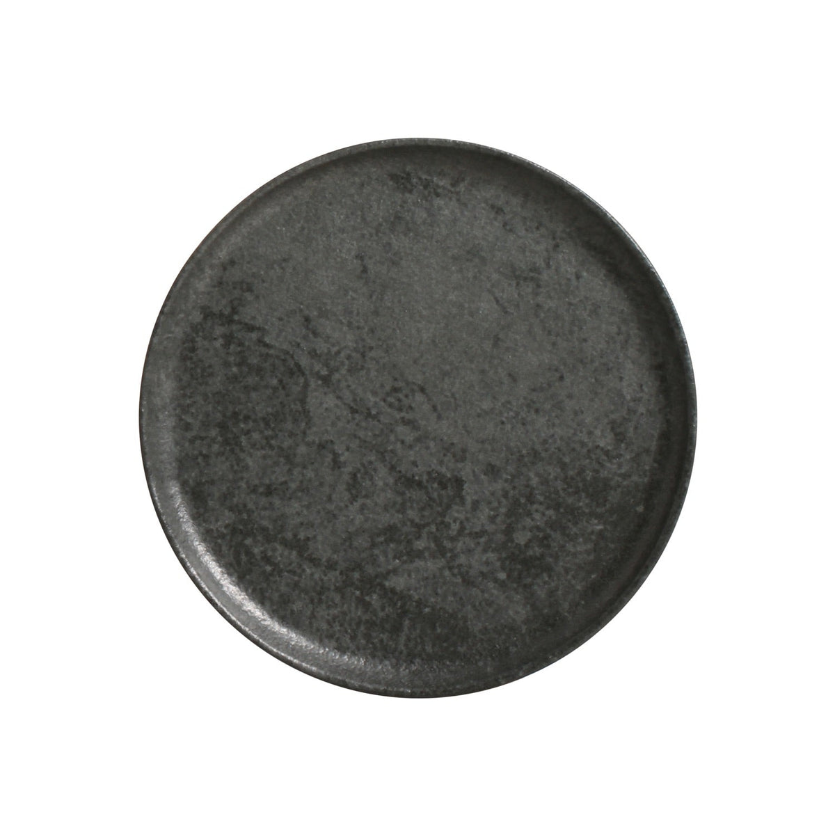 Round black stoneware plate on a white background